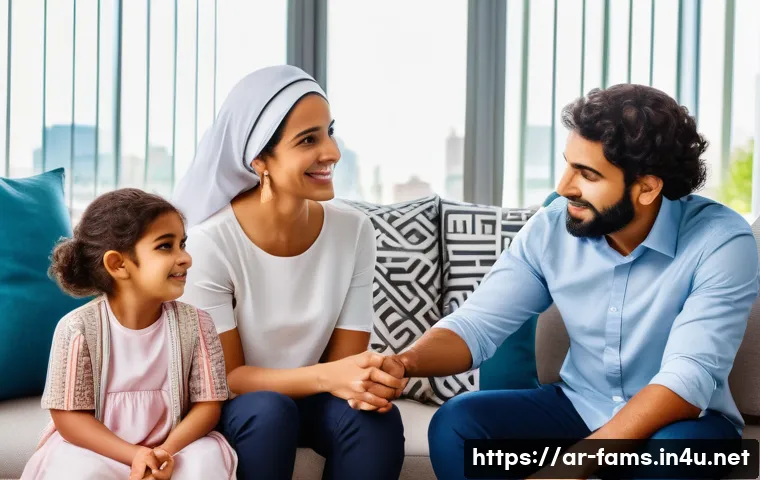 가족상담사로 경력 전환하는 방법 - A warm and professional family counseling session in a modern office setting, featuring a diverse Mi...